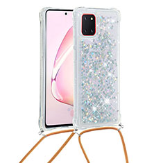 Coque Silicone Housse Etui Gel Bling-Bling avec Laniere Strap S03 pour Samsung Galaxy Note 10 Lite Argent