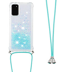 Coque Silicone Housse Etui Gel Bling-Bling avec Laniere Strap S03 pour Samsung Galaxy S20 Bleu Ciel