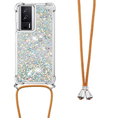 Coque Silicone Housse Etui Gel Bling-Bling avec Laniere Strap S03 pour Xiaomi Poco F5 Pro 5G Argent