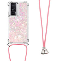 Coque Silicone Housse Etui Gel Bling-Bling avec Laniere Strap S03 pour Xiaomi Redmi K60 5G Or Rose