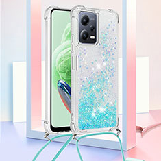 Coque Silicone Housse Etui Gel Bling-Bling avec Laniere Strap S03 pour Xiaomi Redmi Note 12 5G Bleu Ciel