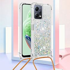 Coque Silicone Housse Etui Gel Bling-Bling avec Laniere Strap S03 pour Xiaomi Redmi Note 12 5G Bleu Clair