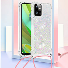 Coque Silicone Housse Etui Gel Bling-Bling avec Laniere Strap YB3 pour Motorola Moto G Power 5G (2023) Argent