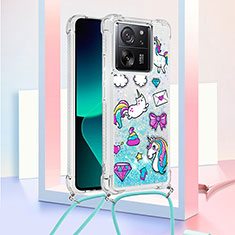 Coque Silicone Housse Etui Gel Bling-Bling avec Laniere Strap YB3 pour Xiaomi Mi 13T Pro 5G Bleu Ciel