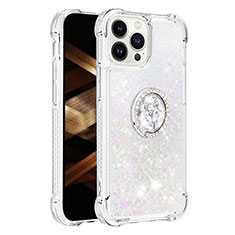 Coque Silicone Housse Etui Gel Bling-Bling avec Support Bague Anneau S01 pour Apple iPhone 13 Pro Argent