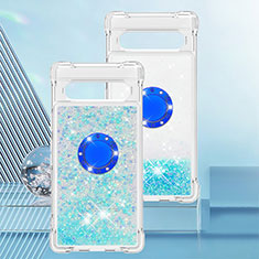 Coque Silicone Housse Etui Gel Bling-Bling avec Support Bague Anneau S01 pour Google Pixel 7a 5G Bleu Ciel