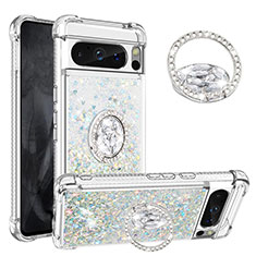 Coque Silicone Housse Etui Gel Bling-Bling avec Support Bague Anneau S01 pour Google Pixel 8 Pro 5G Argent