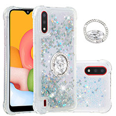 Coque Silicone Housse Etui Gel Bling-Bling avec Support Bague Anneau S01 pour Samsung Galaxy A01 SM-A015 Argent