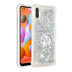 Coque Silicone Housse Etui Gel Bling-Bling avec Support Bague Anneau S01 pour Samsung Galaxy A11 Argent