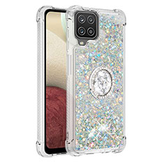 Coque Silicone Housse Etui Gel Bling-Bling avec Support Bague Anneau S01 pour Samsung Galaxy A12 Nacho Argent