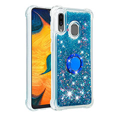 Coque Silicone Housse Etui Gel Bling-Bling avec Support Bague Anneau S01 pour Samsung Galaxy A20 Bleu