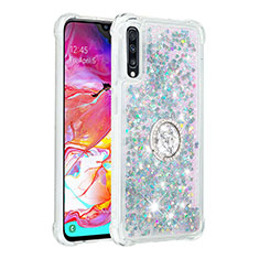 Coque Silicone Housse Etui Gel Bling-Bling avec Support Bague Anneau S01 pour Samsung Galaxy A70S Argent