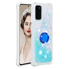 Coque Silicone Housse Etui Gel Bling-Bling avec Support Bague Anneau S01 pour Samsung Galaxy S20 Bleu Ciel