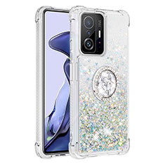 Coque Silicone Housse Etui Gel Bling-Bling avec Support Bague Anneau S01 pour Xiaomi Mi 11T Pro 5G Argent