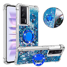 Coque Silicone Housse Etui Gel Bling-Bling avec Support Bague Anneau S01 pour Xiaomi Poco F5 Pro 5G Bleu