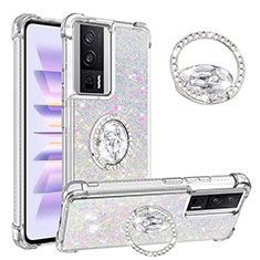 Coque Silicone Housse Etui Gel Bling-Bling avec Support Bague Anneau S01 pour Xiaomi Redmi K60 5G Argent