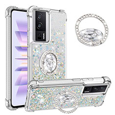 Coque Silicone Housse Etui Gel Bling-Bling avec Support Bague Anneau S01 pour Xiaomi Redmi K60 5G Bleu Ciel