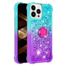 Coque Silicone Housse Etui Gel Bling-Bling avec Support Bague Anneau S02 pour Apple iPhone 14 Pro Max Bleu Ciel