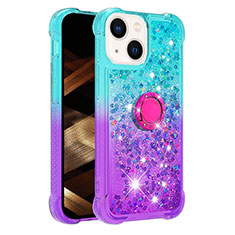 Coque Silicone Housse Etui Gel Bling-Bling avec Support Bague Anneau S02 pour Apple iPhone 15 Bleu Ciel