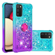 Coque Silicone Housse Etui Gel Bling-Bling avec Support Bague Anneau S02 pour Samsung Galaxy A03s Bleu Ciel