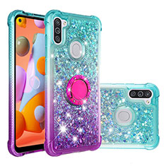 Coque Silicone Housse Etui Gel Bling-Bling avec Support Bague Anneau S02 pour Samsung Galaxy A11 Bleu Ciel