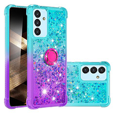 Coque Silicone Housse Etui Gel Bling-Bling avec Support Bague Anneau S02 pour Samsung Galaxy A15 4G Bleu Ciel