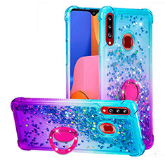 Coque Silicone Housse Etui Gel Bling-Bling avec Support Bague Anneau S02 pour Samsung Galaxy A20s Bleu Ciel