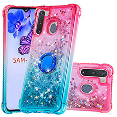 Coque Silicone Housse Etui Gel Bling-Bling avec Support Bague Anneau S02 pour Samsung Galaxy A21 European Rose