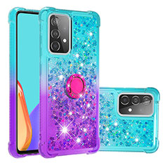 Coque Silicone Housse Etui Gel Bling-Bling avec Support Bague Anneau S02 pour Samsung Galaxy A52 4G Bleu Ciel