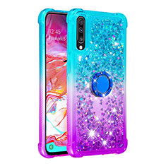 Coque Silicone Housse Etui Gel Bling-Bling avec Support Bague Anneau S02 pour Samsung Galaxy A70 Bleu Ciel