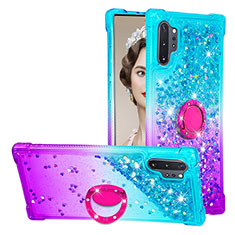 Coque Silicone Housse Etui Gel Bling-Bling avec Support Bague Anneau S02 pour Samsung Galaxy Note 10 Plus 5G Bleu Ciel