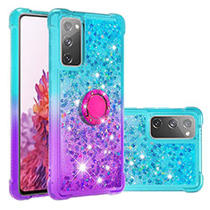 Coque Silicone Housse Etui Gel Bling-Bling avec Support Bague Anneau S02 pour Samsung Galaxy S20 FE (2022) 5G Bleu Ciel