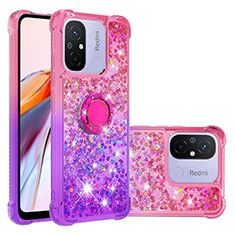 Coque Silicone Housse Etui Gel Bling-Bling avec Support Bague Anneau S02 pour Xiaomi Poco C55 Rose Rouge