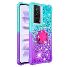 Coque Silicone Housse Etui Gel Bling-Bling avec Support Bague Anneau S02 pour Xiaomi Redmi K60 5G Bleu Ciel