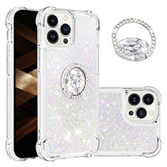 Coque Silicone Housse Etui Gel Bling-Bling avec Support Bague Anneau S03 pour Apple iPhone 13 Pro Argent