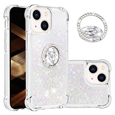 Coque Silicone Housse Etui Gel Bling-Bling avec Support Bague Anneau S03 pour Apple iPhone 15 Argent