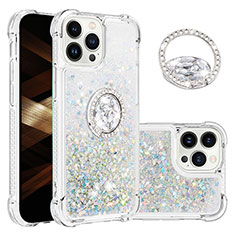 Coque Silicone Housse Etui Gel Bling-Bling avec Support Bague Anneau S03 pour Apple iPhone 15 Pro Bleu Clair