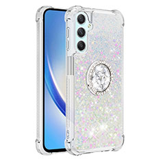 Coque Silicone Housse Etui Gel Bling-Bling avec Support Bague Anneau YB1 pour Samsung Galaxy A24 4G Argent