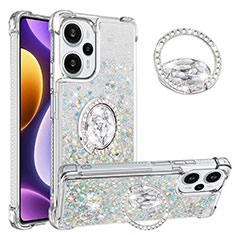 Coque Silicone Housse Etui Gel Bling-Bling avec Support Bague Anneau YB1 pour Xiaomi Poco F5 5G Bleu Clair