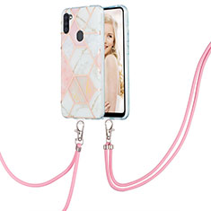 Coque Silicone Motif Fantaisie Souple Couleur Unie Etui Housse avec Laniere Strap Y01B pour Samsung Galaxy A11 Rose