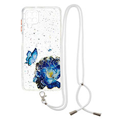 Coque Silicone Motif Fantaisie Souple Couleur Unie Etui Housse avec Laniere Strap Y01X pour Samsung Galaxy A12 5G Bleu