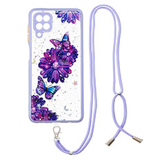 Coque Silicone Motif Fantaisie Souple Couleur Unie Etui Housse avec Laniere Strap Y01X pour Samsung Galaxy A12 Nacho Violet