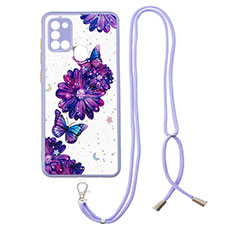 Coque Silicone Motif Fantaisie Souple Couleur Unie Etui Housse avec Laniere Strap Y01X pour Samsung Galaxy A21s Violet