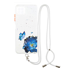 Coque Silicone Motif Fantaisie Souple Couleur Unie Etui Housse avec Laniere Strap Y01X pour Samsung Galaxy A22 5G Bleu