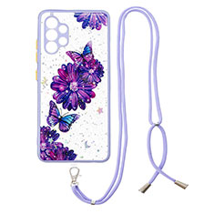 Coque Silicone Motif Fantaisie Souple Couleur Unie Etui Housse avec Laniere Strap Y01X pour Samsung Galaxy M32 5G Violet