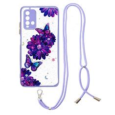 Coque Silicone Motif Fantaisie Souple Couleur Unie Etui Housse avec Laniere Strap Y01X pour Xiaomi Redmi 9 Power Violet