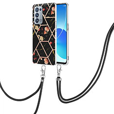 Coque Silicone Motif Fantaisie Souple Couleur Unie Etui Housse avec Laniere Strap Y02B pour Oppo Reno6 Pro 5G Noir