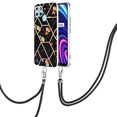 Coque Silicone Motif Fantaisie Souple Couleur Unie Etui Housse avec Laniere Strap Y02B pour Realme C21Y Noir