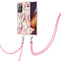 Coque Silicone Motif Fantaisie Souple Couleur Unie Etui Housse avec Laniere Strap Y02B pour Samsung Galaxy Note 20 Ultra 5G Rose