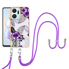 Coque Silicone Motif Fantaisie Souple Couleur Unie Etui Housse avec Laniere Strap Y03B pour Huawei Honor X7a Violet